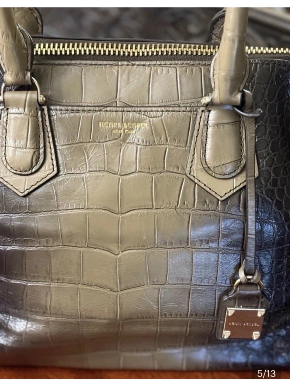 Henri Bendel Croc-Embossed Leather Satchel Olive/Black - Picture 5 of 15